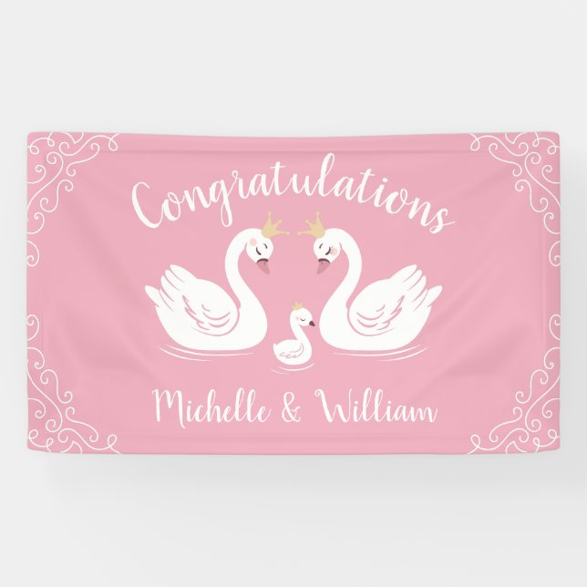 Swans Baby Shower Bird mit Crown Co-Ed Pink Banner (Horizontal)