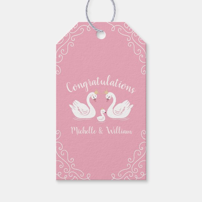 Swans Baby Shower Bird mit Crown Co-Ed Pink Geschenkanhänger (Vorderseite)