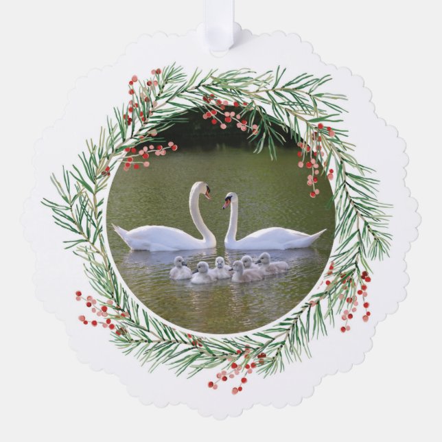 Swans in Pine & Holly Wreath Paper Ornament Card Karte (Vorderseite)