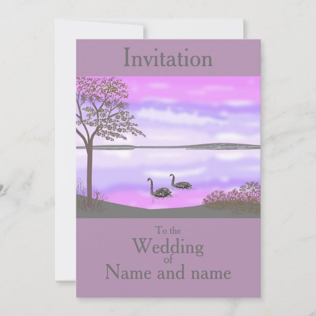 Swans Lake Sunset Szene Hochzeit RSVP fügen Namen  Einladung (Vorderseite)