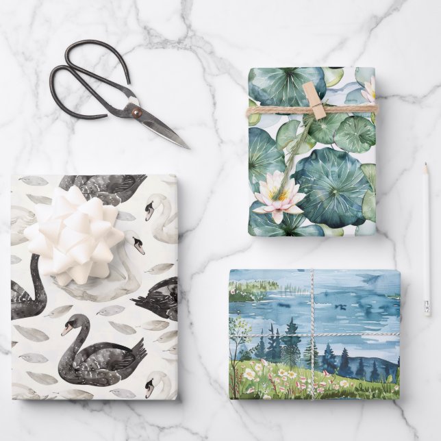 Swans Water Lilies Lake Brautparty Geschenkpapier Set (Vorderseite)