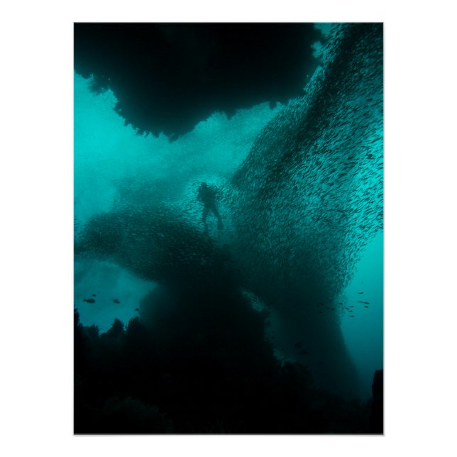 Swarm of the Deep – Diver & Fish School Ocean Poster (Vorderseite)