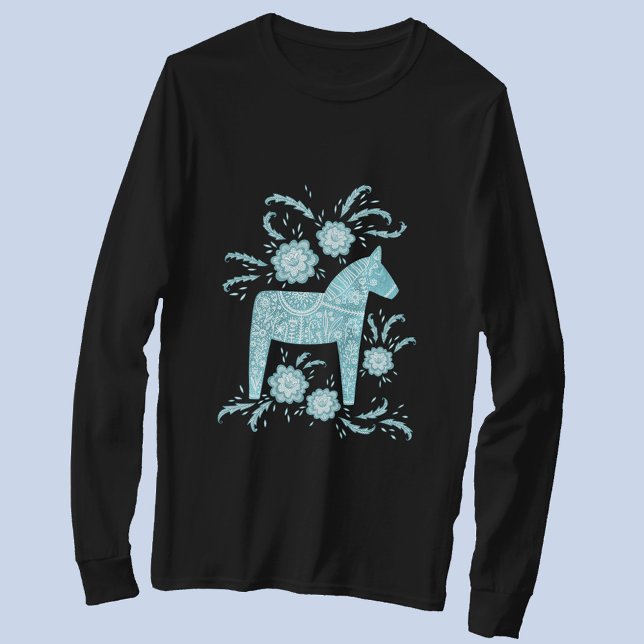 Swedish Dala Horse Aquamarin Green Viking T-Shirt (Swedish Dala Horse long sleeved t-shirt)