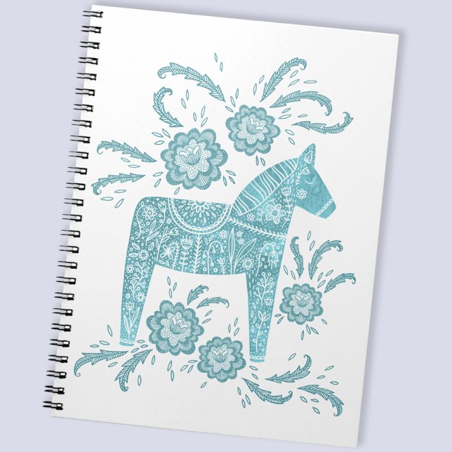 Swedish Dala Horse Aquamarin & White Folk Art Note Notizblock (Swedish Dala Horse folk art teal and white notebook)