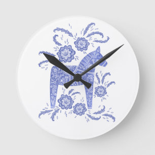 Swedish Dala Horse Blue and White Round Clock Runde Wanduhr