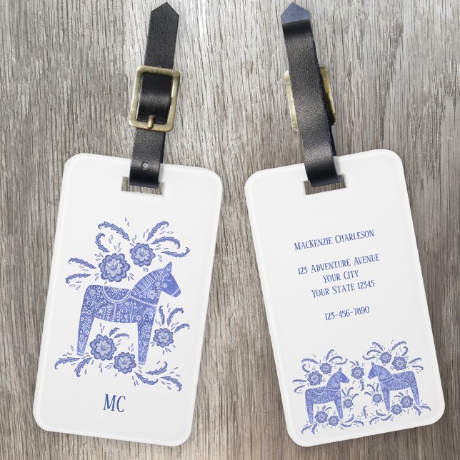Swedish Dala Horse Folk Art Blue & White Custom Gepäckanhänger (Blue and white Swedish Dala Horse personalized monogram initial luggage tag)