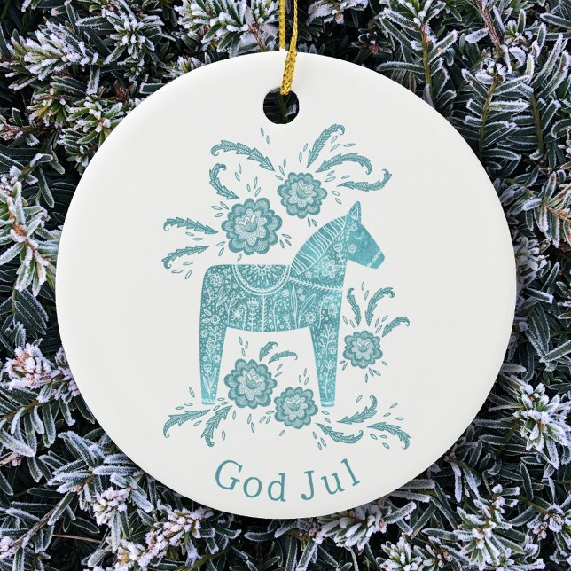 Swedish Dala Horse God Jul Aquamarin White Keramik Ornament (Von Creator hochgeladen)
