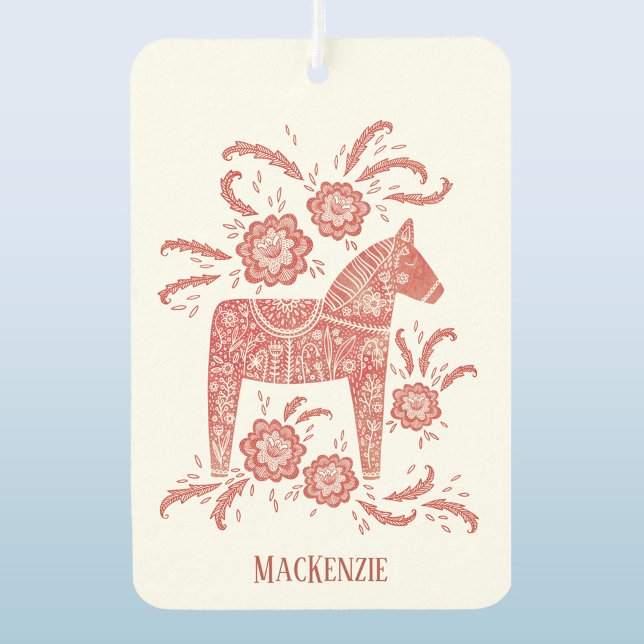 Swedish Dala Horse Personalisiert Red Autolufterfrischer (Red and white Swedish Dala Horse personalized name car or vehicle air freshener)