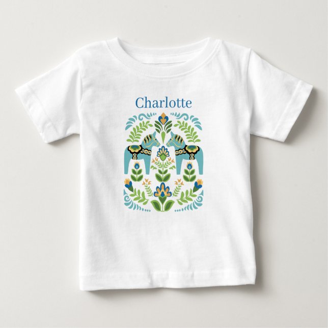 Swedish Dala Horses Teal Personalized Baby T-shirt (Vorderseite)
