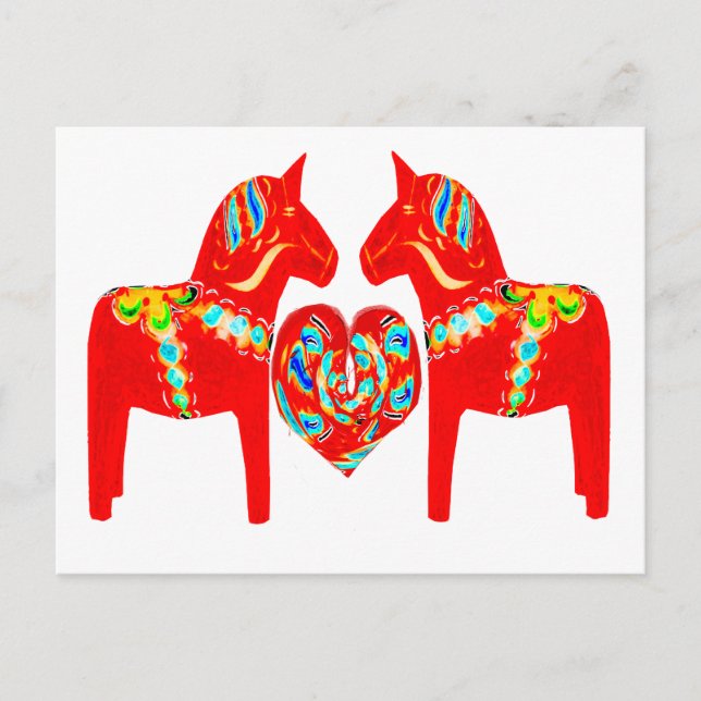 Swedish Dala Horses w Heart Postkarte (Vorderseite)