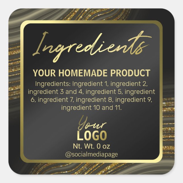 Sweep Agate Lines Black Gold Inhaltsstoffe Labels Quadratischer Aufkleber (Vorderseite)