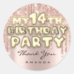 Sweet14. Geburtstagsparty Glitzer Tropfen Rose Runder Aufkleber