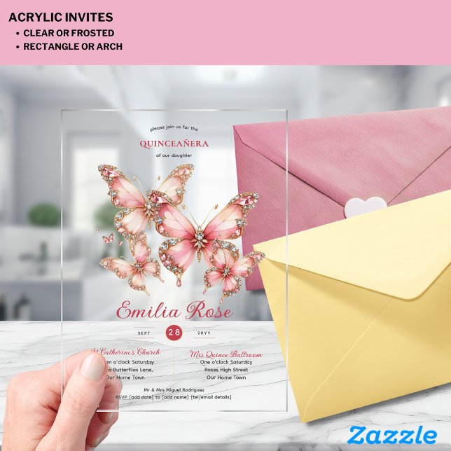 Sweet15 Butterflies QUINCEANERA Blush Pink Diamond Acryleinladungen (Von Creator hochgeladen)