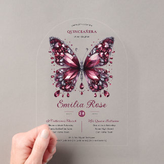 Sweet15 Butterflies QUINCEANERA Burgundy Diamond Acryleinladungen