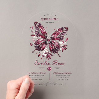 Sweet15 Butterflies QUINCEANERA Burgundy Diamond Acryleinladungen