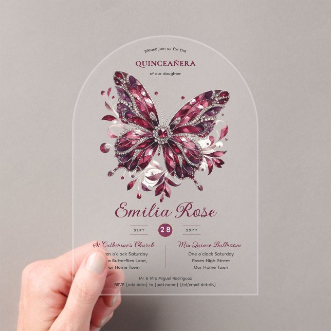 Sweet15 Butterflies QUINCEANERA Burgundy Diamond Acryleinladungen (Insitu (Handheld))