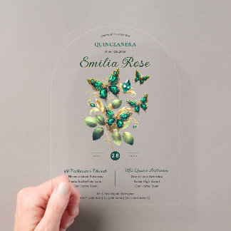 Sweet15 Butterflies QUINCEANERA Emerald Green Gold Acryleinladungen