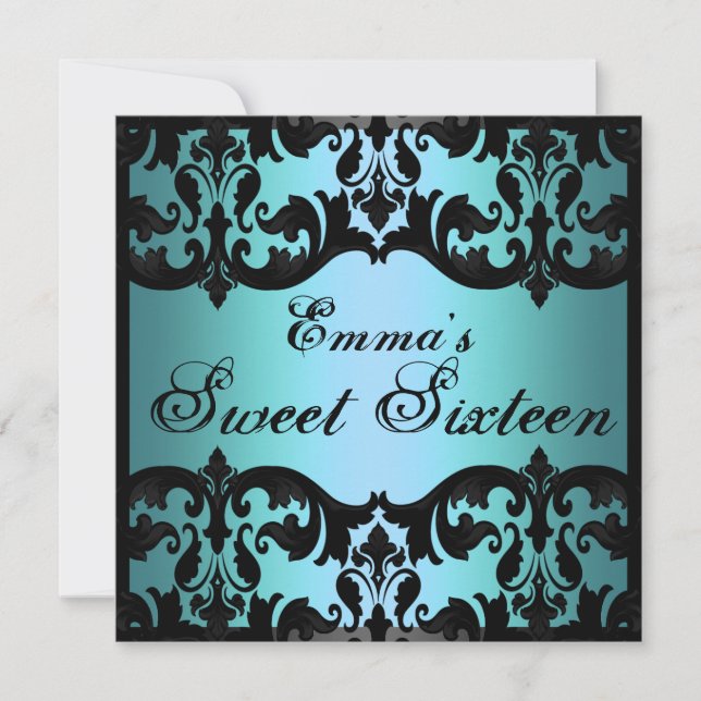 Sweet16 Blue Elegant Damask Geburtstag Einladung (Vorderseite)