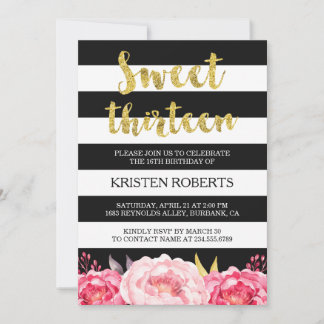 Sweet 13 Birthday Floral Gold Schwarz-weiße Streif Einladung