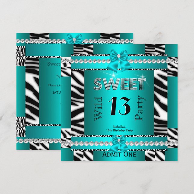 Sweet 13 Fun Party Zebra Aquamarin Blue Ticket 3S Einladung (Vorne/Hinten)