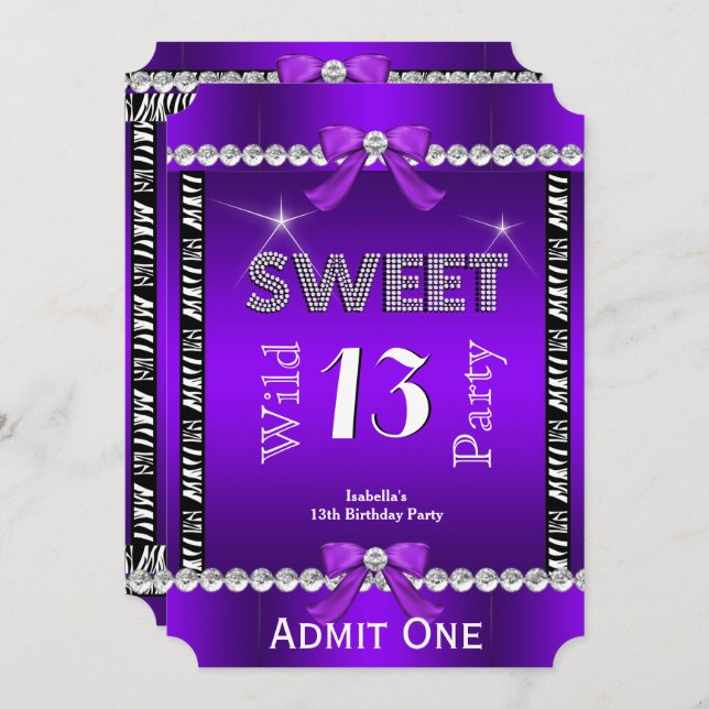 Sweet 13 Fun Party Zebra Lila Ticket 3 Einladung (Vorne/Hinten)