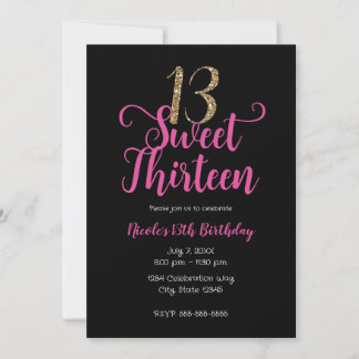 Sweet 13 Pink Black Gold Dreizehnte Geburtstagspar Einladung