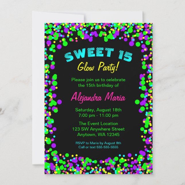 Sweet 15 Neon Glow Confetti Party Einladungen (Vorderseite)