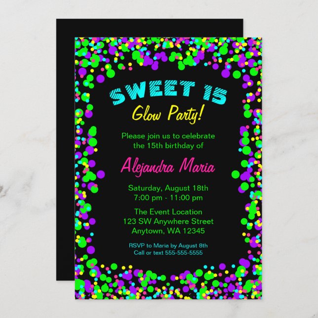 Sweet 15 Neon Glow Confetti Party Einladungen (Vorne/Hinten)