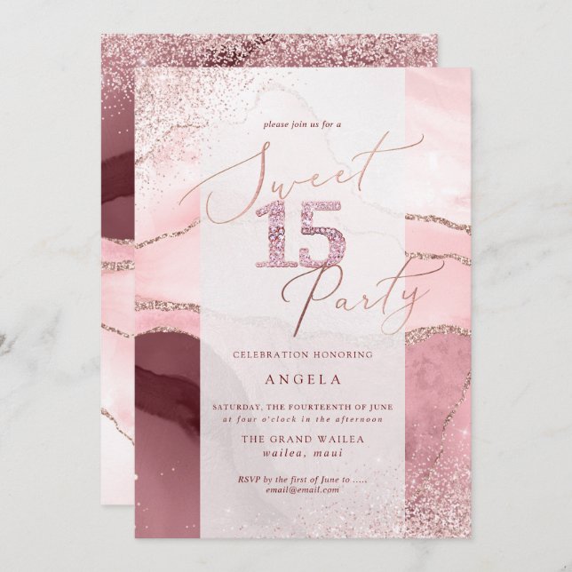 Sweet 15 Pink Diamond Glitzer Aquarellfarben Agate Einladung (Vorne/Hinten)