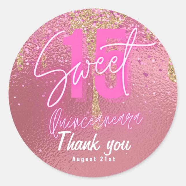 Sweet 15 Pink Glitzer Foil Quinceanera Rose Gold Runder Aufkleber (Vorderseite)