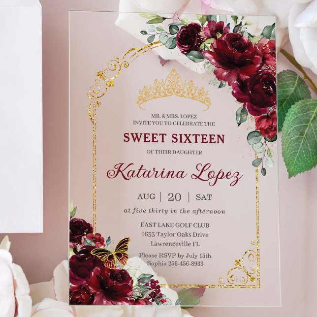 Sweet 16 15 Quinceanera Burgundy Floral Gold Arch Acryleinladungen (Von Creator hochgeladen)