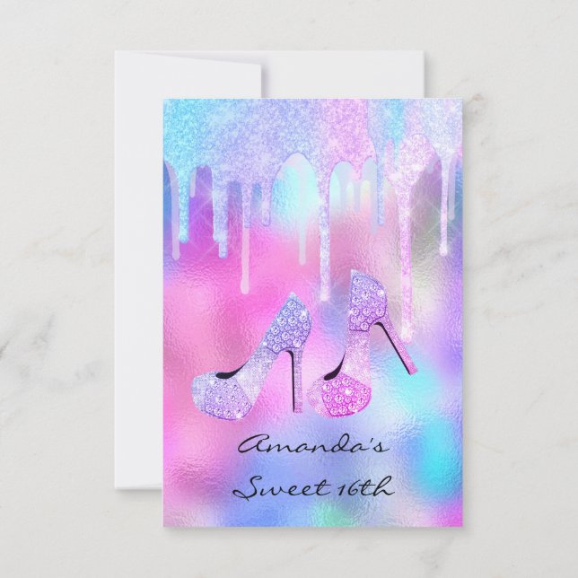 Sweet 16. 15. Tropfen Holographic Pink High Heels Einladung (Rückseite)