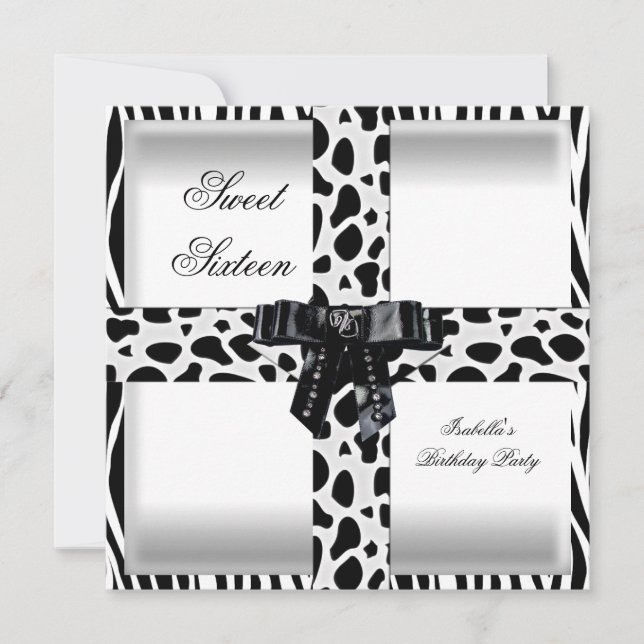 Sweet 16 16 16. Schwarz-weiß Zebra Giraffe Einladung (Vorderseite)