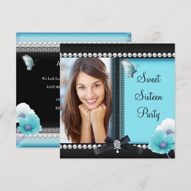 Sweet 16 16 Aquamarin Blue Black Butterfly Einladung (Vorne/Hinten)
