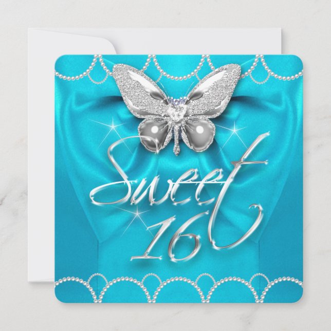 Sweet 16 16. Aquamarin Blue Butterfly Pearl Party Einladung (Vorderseite)