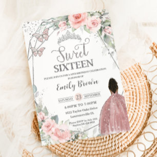 Sweet 16 16 Birthday Blush Bloral Brown Girl Einladung