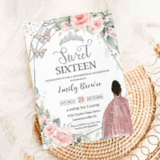 Sweet 16 16 Birthday Blush Bloral Brown Girl Einladung