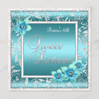 Sweet 16 16 Geburtstag Aquamarin Blue Blume Silver Einladung
