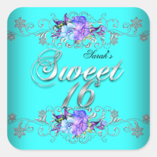 Sweet 16 16 . Geburtstag Aquamarin Purple Flowers Quadratischer Aufkleber