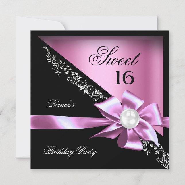 Sweet 16 16 . Geburtstag Pink Black Pearl Einladung (Vorderseite)