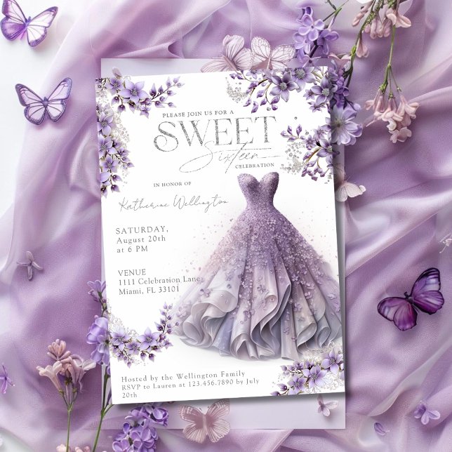 Sweet 16 16 Lila Lilac Dress Floral Einladung (Sweet 16 Sixteen Purple Lilac Dress Floral Invitation)