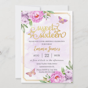 Sweet 16 16 Lila Lilac Floral Butterfliegen Einladung