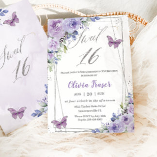 Sweet 16 16 Lila Lilac Floral Butterfliegen Einladung