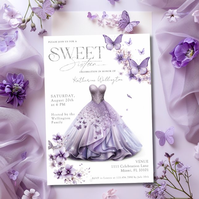 Sweet 16 16 Lila Lilac Floral Butterfliegen Einladung (Sweet 16 Sixteen Purple Lilac Floral Butterflies Invitation)