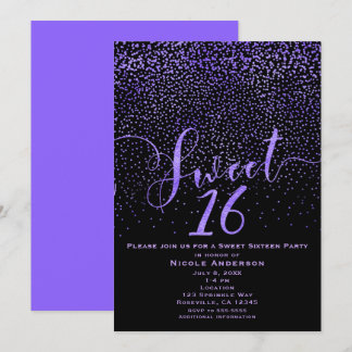 SWEET 16 16 Moderne Konfetti Lila & schwarz Einladung