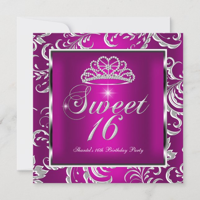 Sweet 16 16 Party Pink Plum Damask Silver Einladung (Vorderseite)