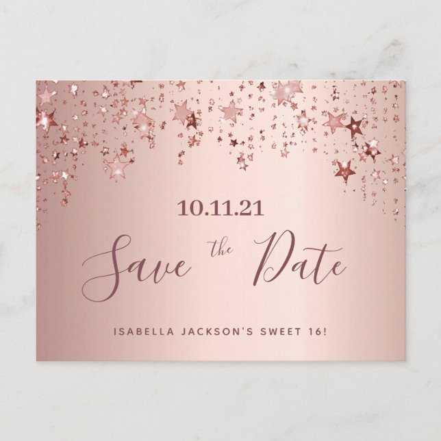 Sweet 16 16. Party Rose Goldstars Save the Date Postkarte (Vorderseite)
