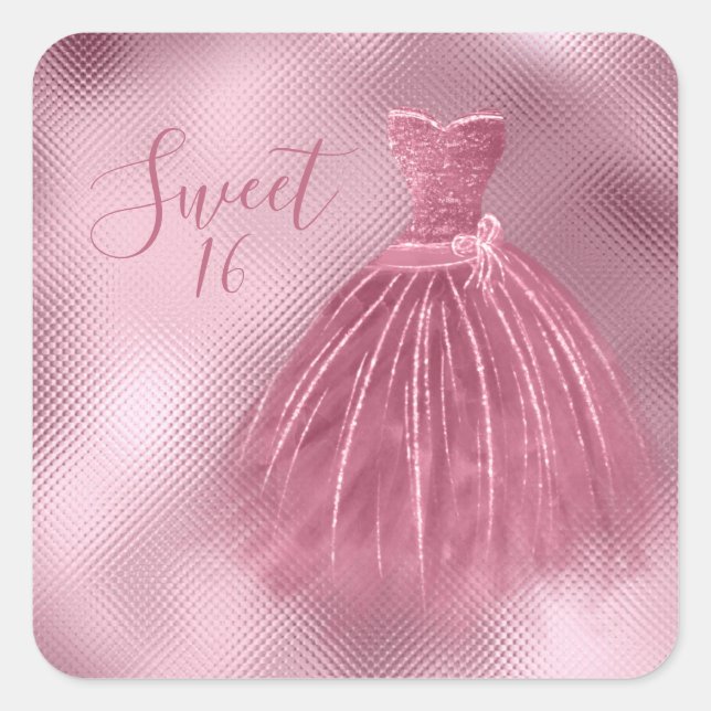 Sweet 16 16 Rosa Glitzer Kleid Elegantes Party Quadratischer Aufkleber (Vorderseite)