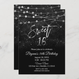 Sweet 16 16 Schwarz & Silber Funkelleuchten Einladung