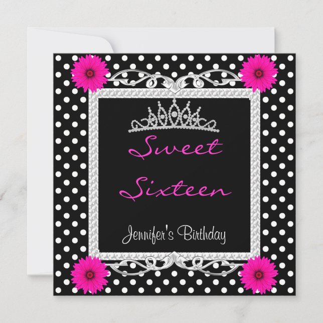 Sweet 16 16. Schwarz-weiße Stelle Pink Blumenstrau Einladung (Vorderseite)